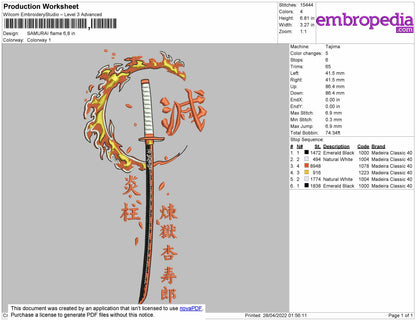 Samurai Flame Embroidery File 4 size