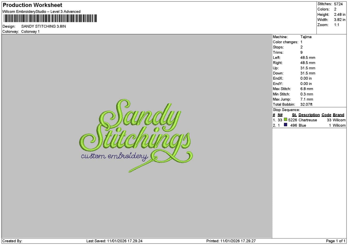 Sandytext Stitching Embroidery File 6 sizes