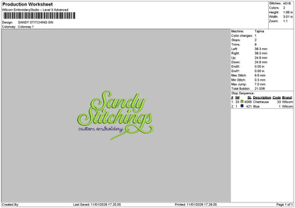 Sandytext Stitching Embroidery File 6 sizes