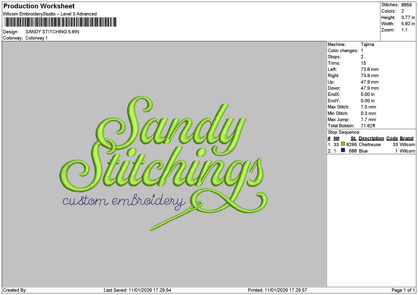 Sandytext Stitching Embroidery File 6 sizes