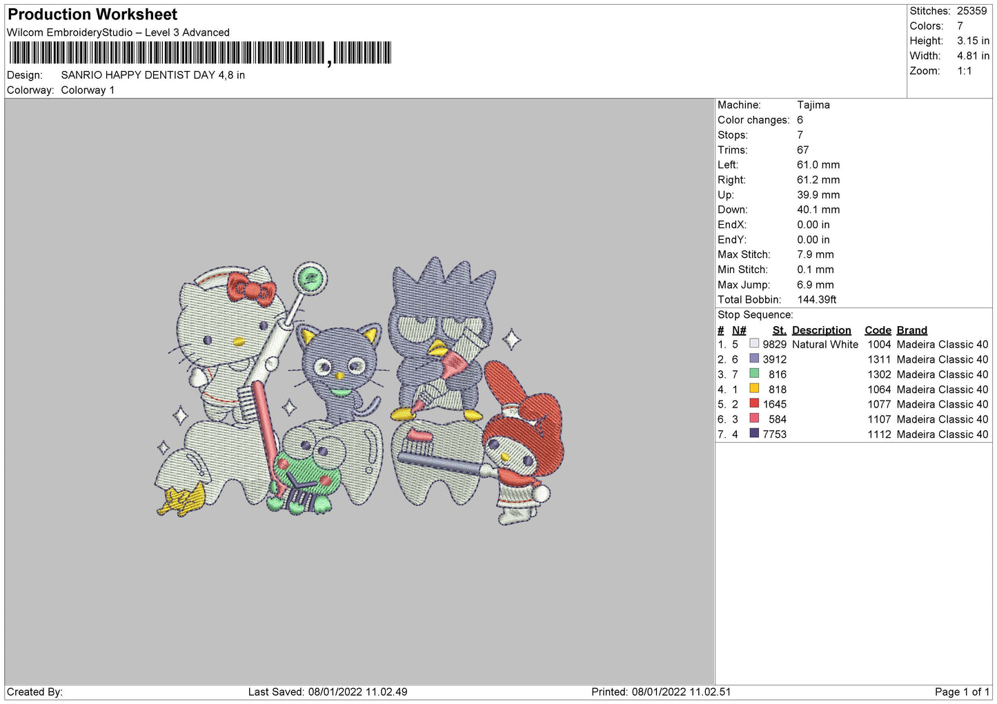 Sanrio Happy Dentist Day Embroidery File 4 size
