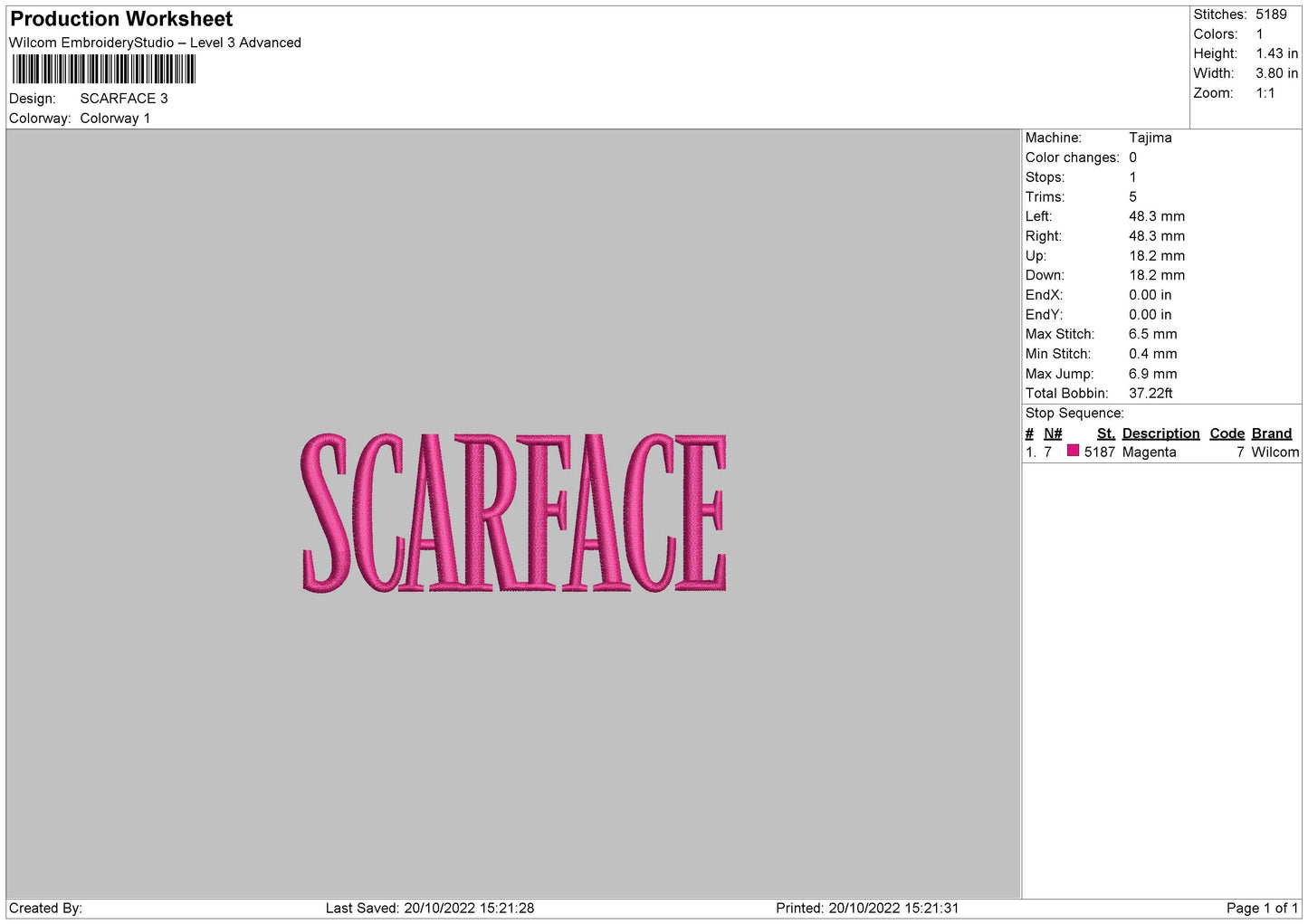 Scarface Embroidery File 6 sizes