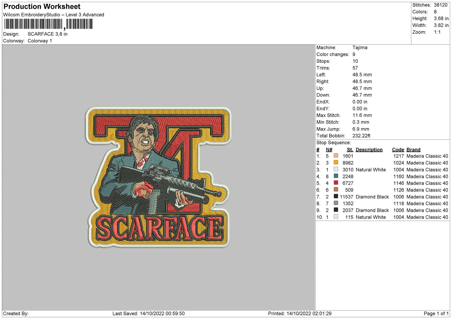 Scarface Embroidery File 6 sizes