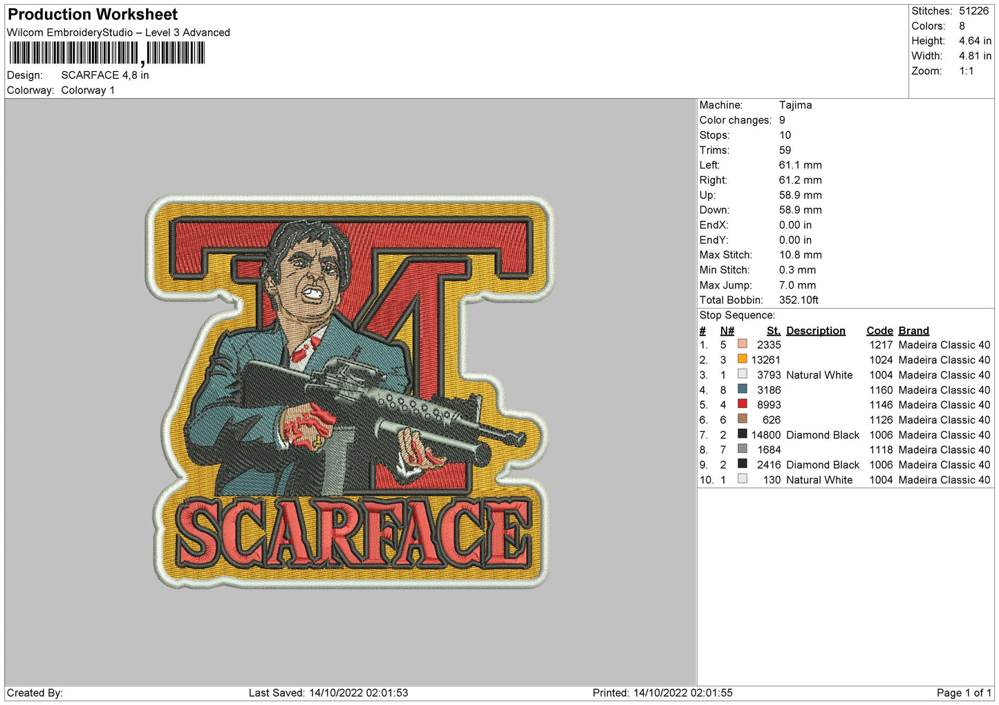 Scarface Embroidery File 6 sizes