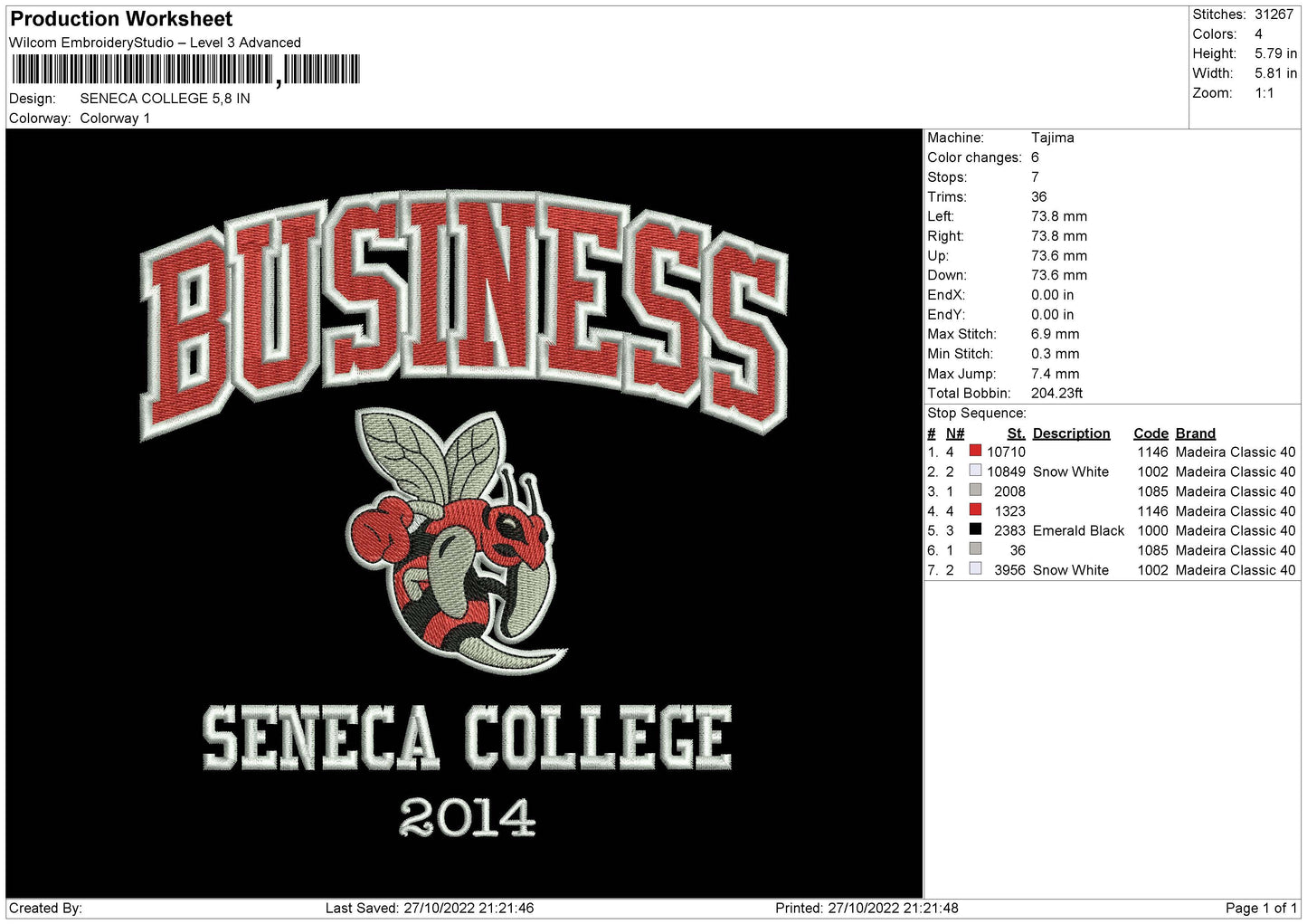 Seneca College Embroidery File 6 sizes