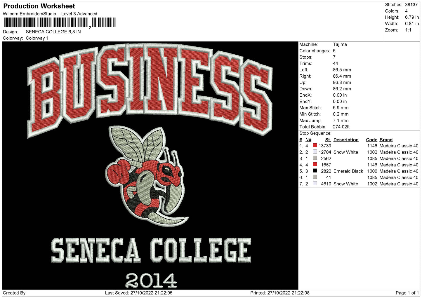 Seneca College Embroidery File 6 sizes