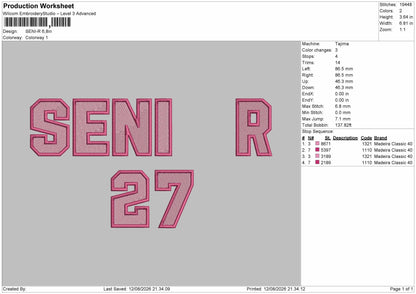 Senior Text 1208 Embroidery Machine Design File 6 sizes