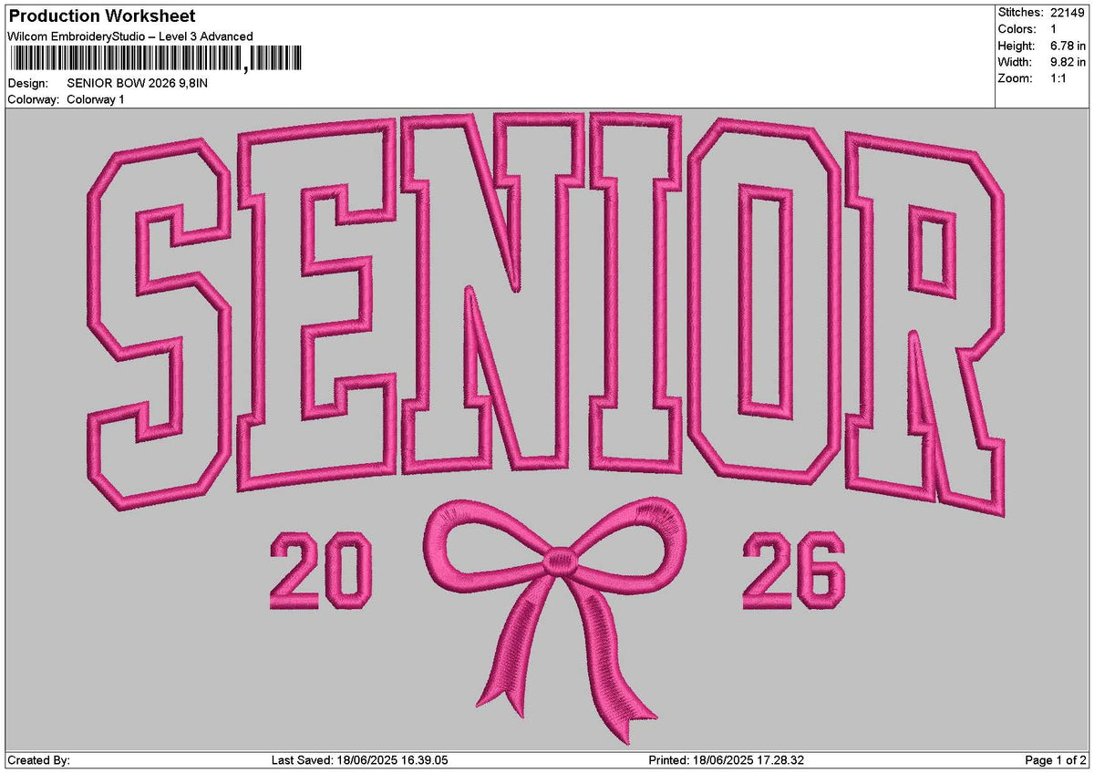 Senior Bow 2026 Embroidery File 6 sizes – Master Digitizer