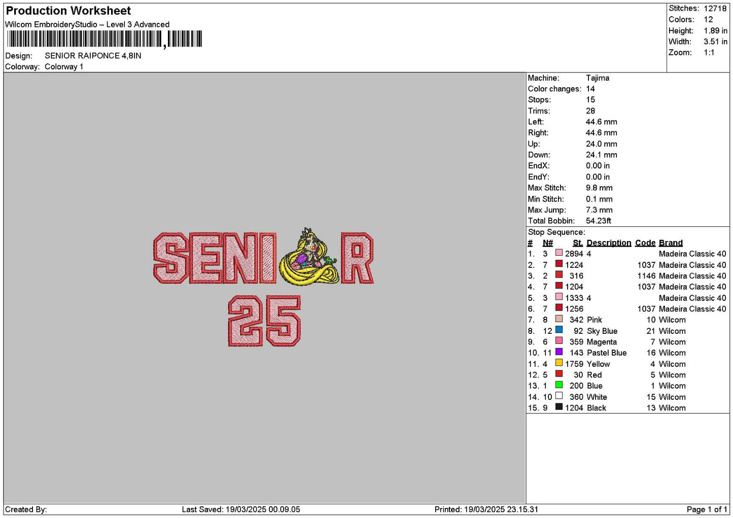 Senior Princess Embroidery File 6 sizes