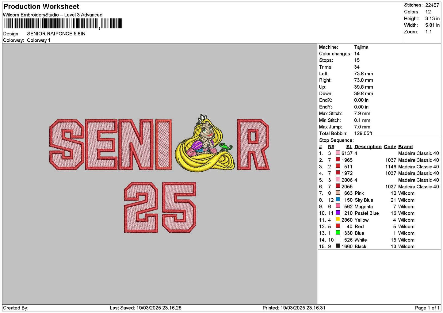 Senior Princess Embroidery File 6 sizes