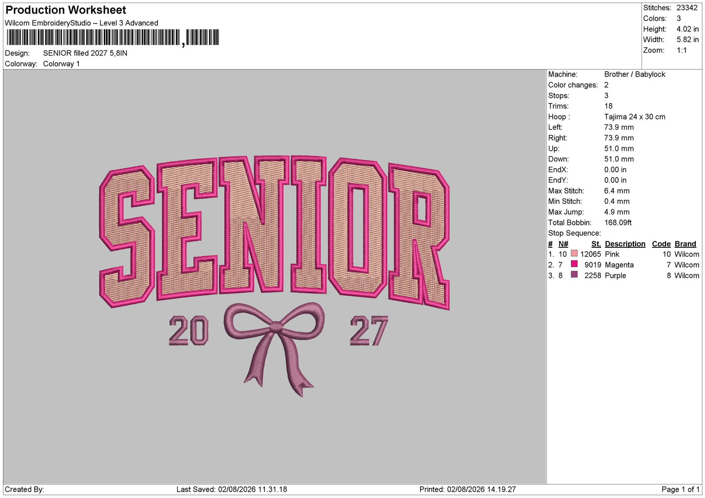 Senior Bow 2027 FILLED Embroidery File