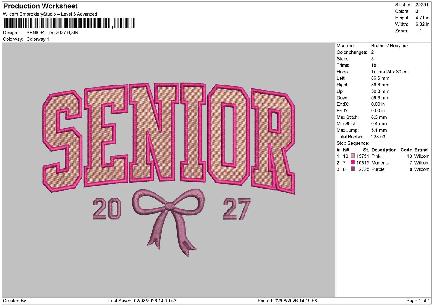 Senior Bow 2027 FILLED Embroidery File