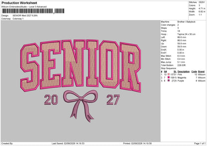 Senior Bow 2027 FILLED Embroidery File