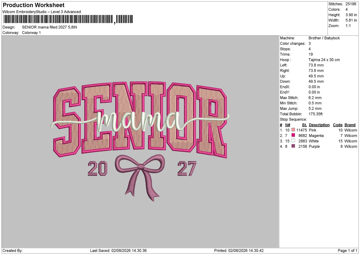 Senior mama 2027 FILLED Embroidery File