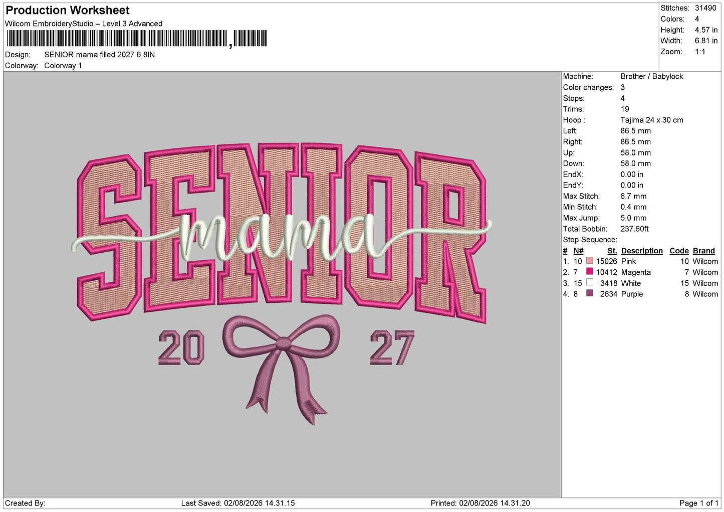 Senior mama 2027 FILLED Embroidery File