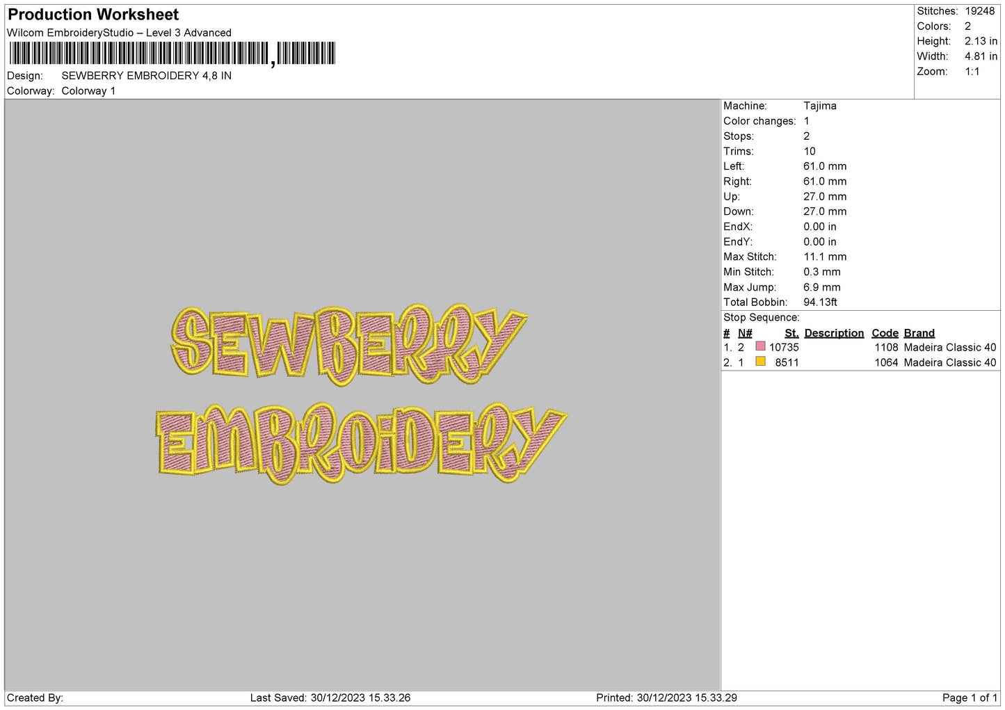 Sewberry Text Embroidery File 6 sizes