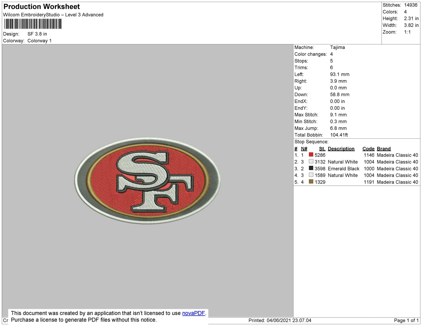 SF Logo Embroidery File  5 size