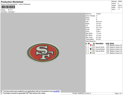 SF Logo Embroidery File  5 size