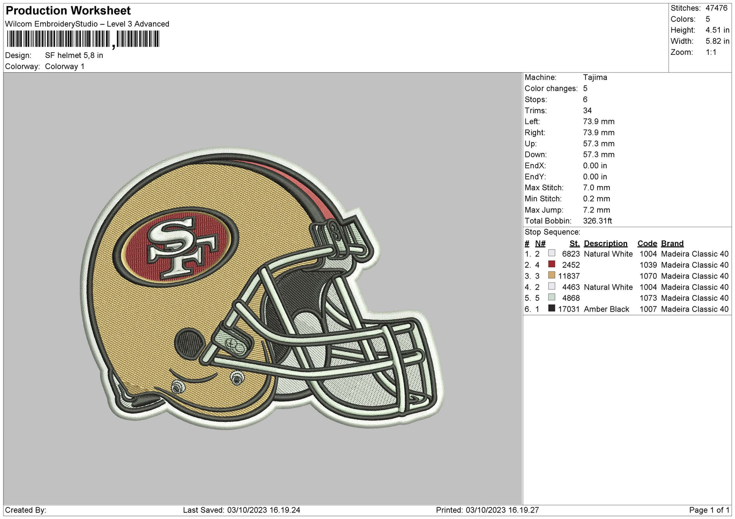 Sf Helmet Embroidery File 6 sizes