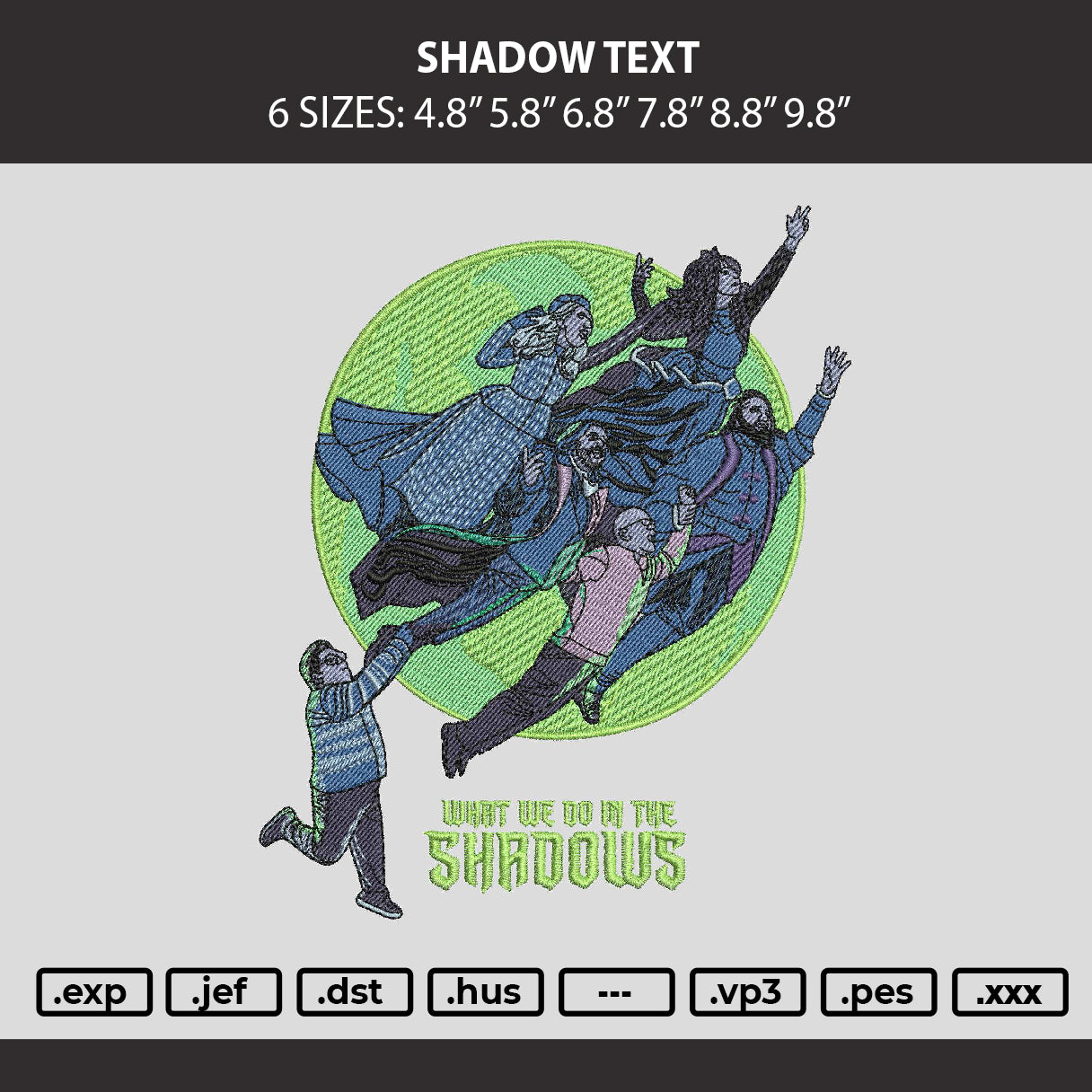 Shadows Text Embroidery Machine Design File 6 sizes