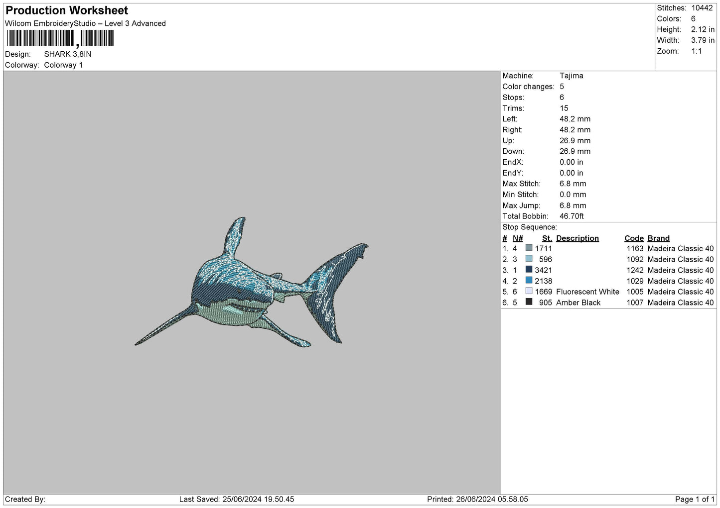 Shark Embroidery File 6 sizes