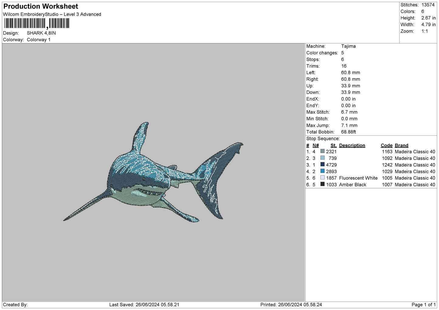 Shark Embroidery File 6 sizes