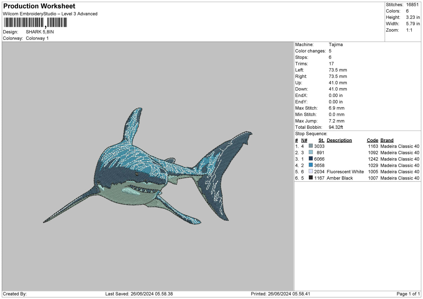 Shark Embroidery File 6 sizes
