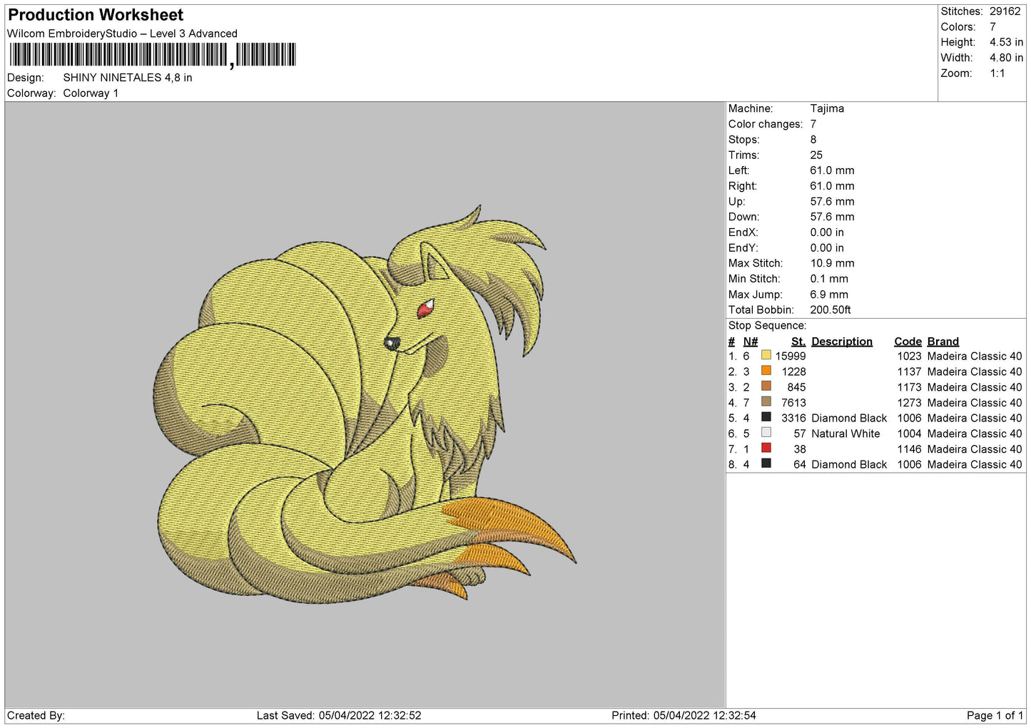 Shiny Ninetales Embroidery File 4 size