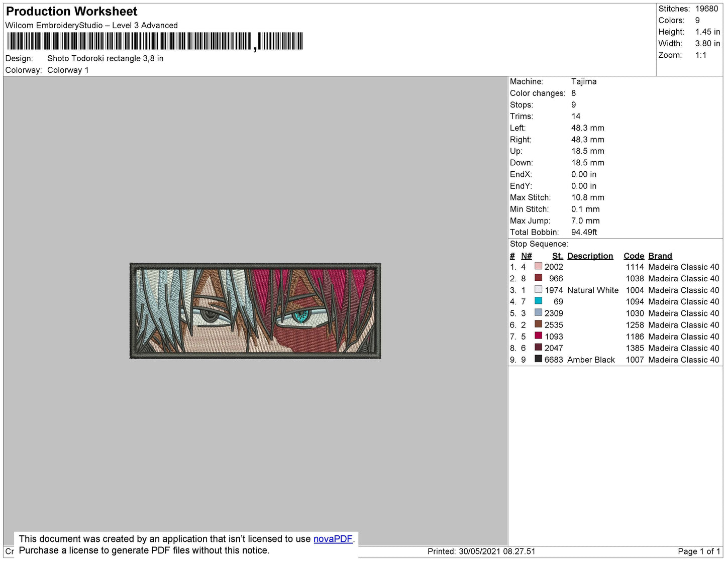 Shoto Todoroki Eyes Rectangle Embroidery File 4 Size