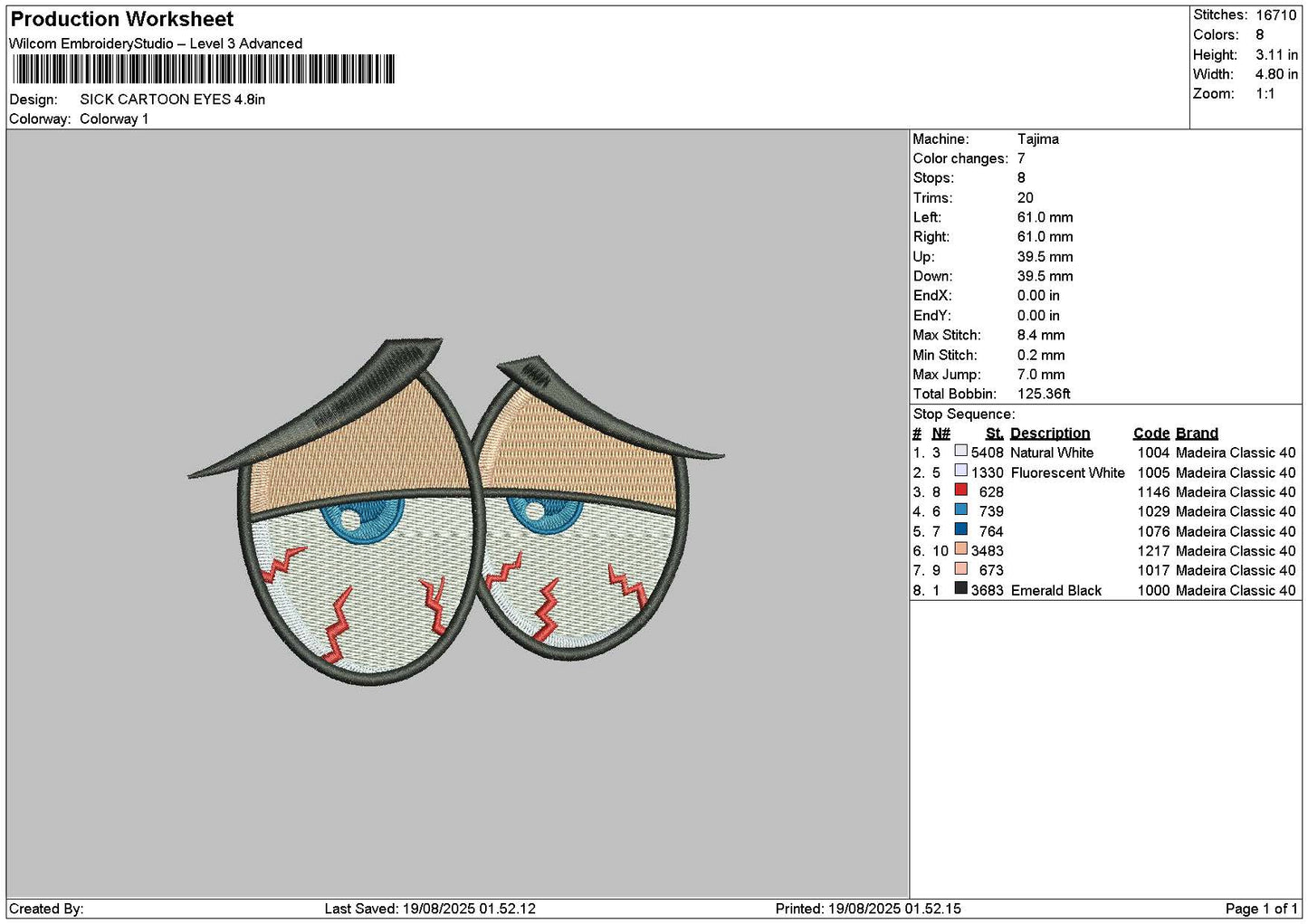 Sick Eyes Embroidery File 6 sizes