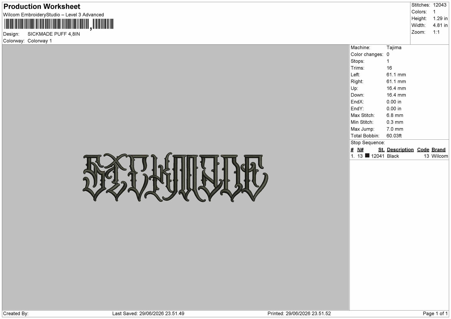 Sickmadetext Puff Embroidery Machine Design File 6 sizes