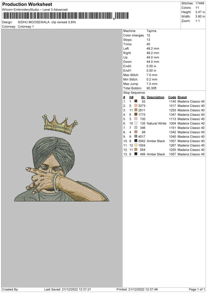 Sidhu Moosewala Clip Embroidery File 4 size