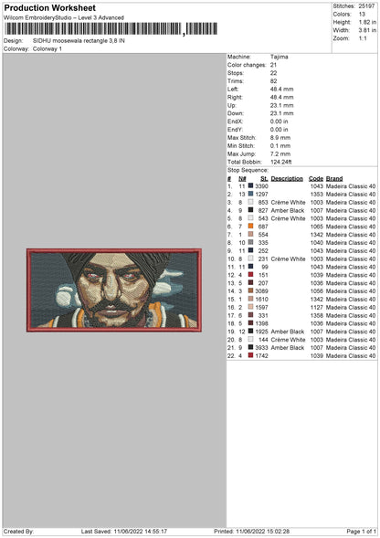 Sidhu Moosewala Rectangle Embroidery File 4 size