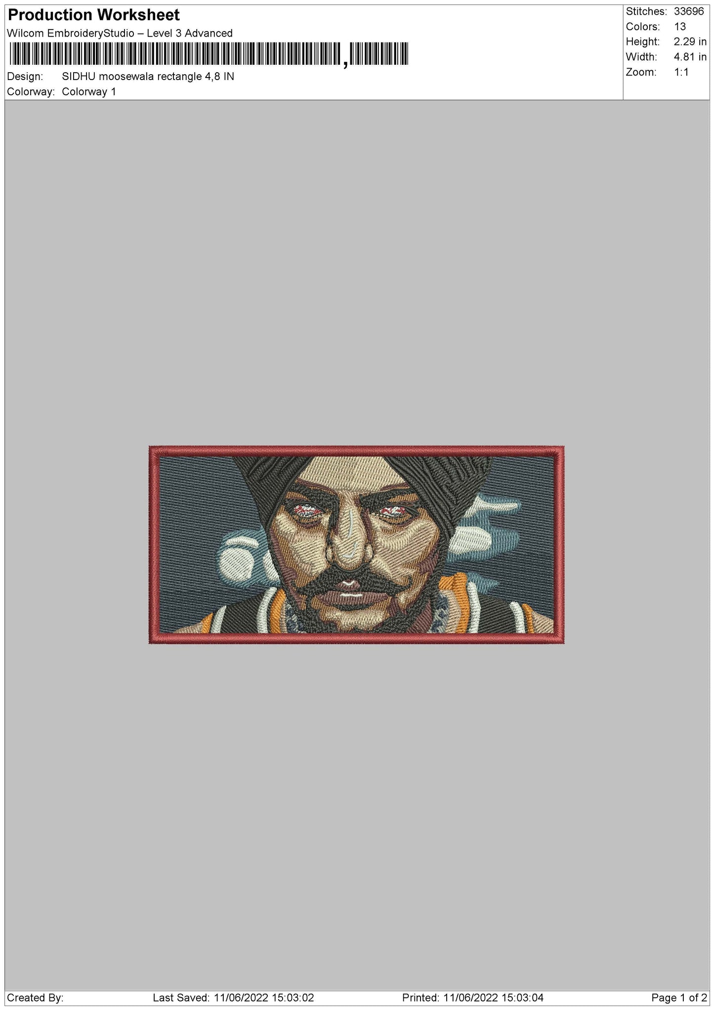 Sidhu Moosewala Rectangle Embroidery File 4 size