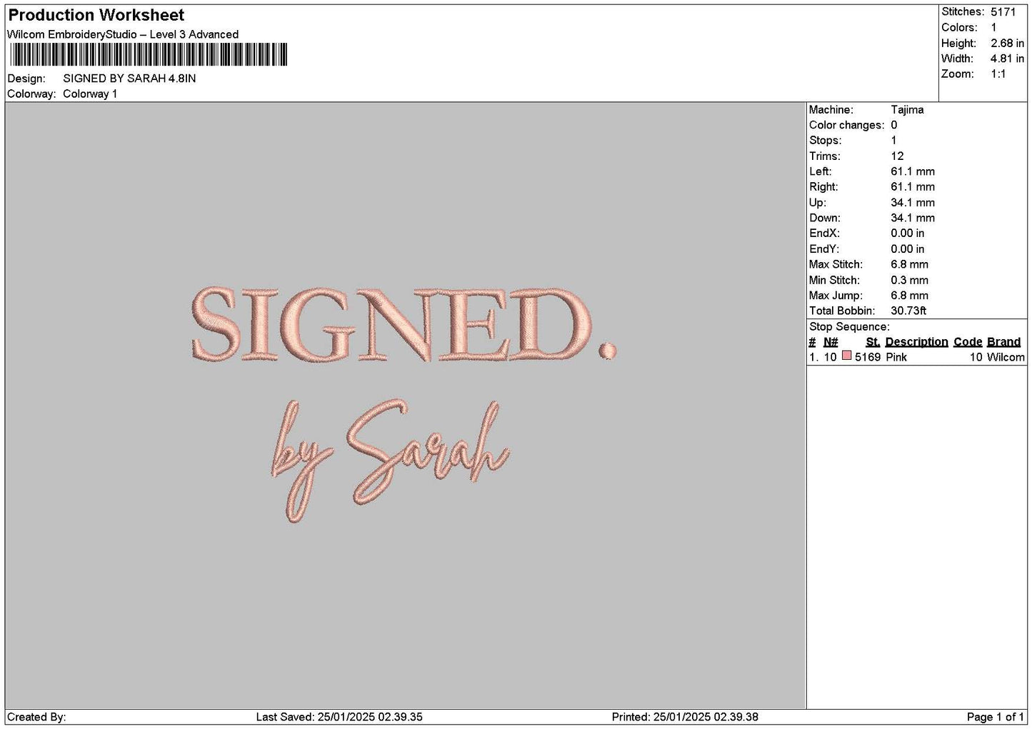 Signedtext Embroidery File 6 sizes