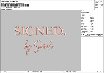 Signedtext Embroidery File 6 sizes