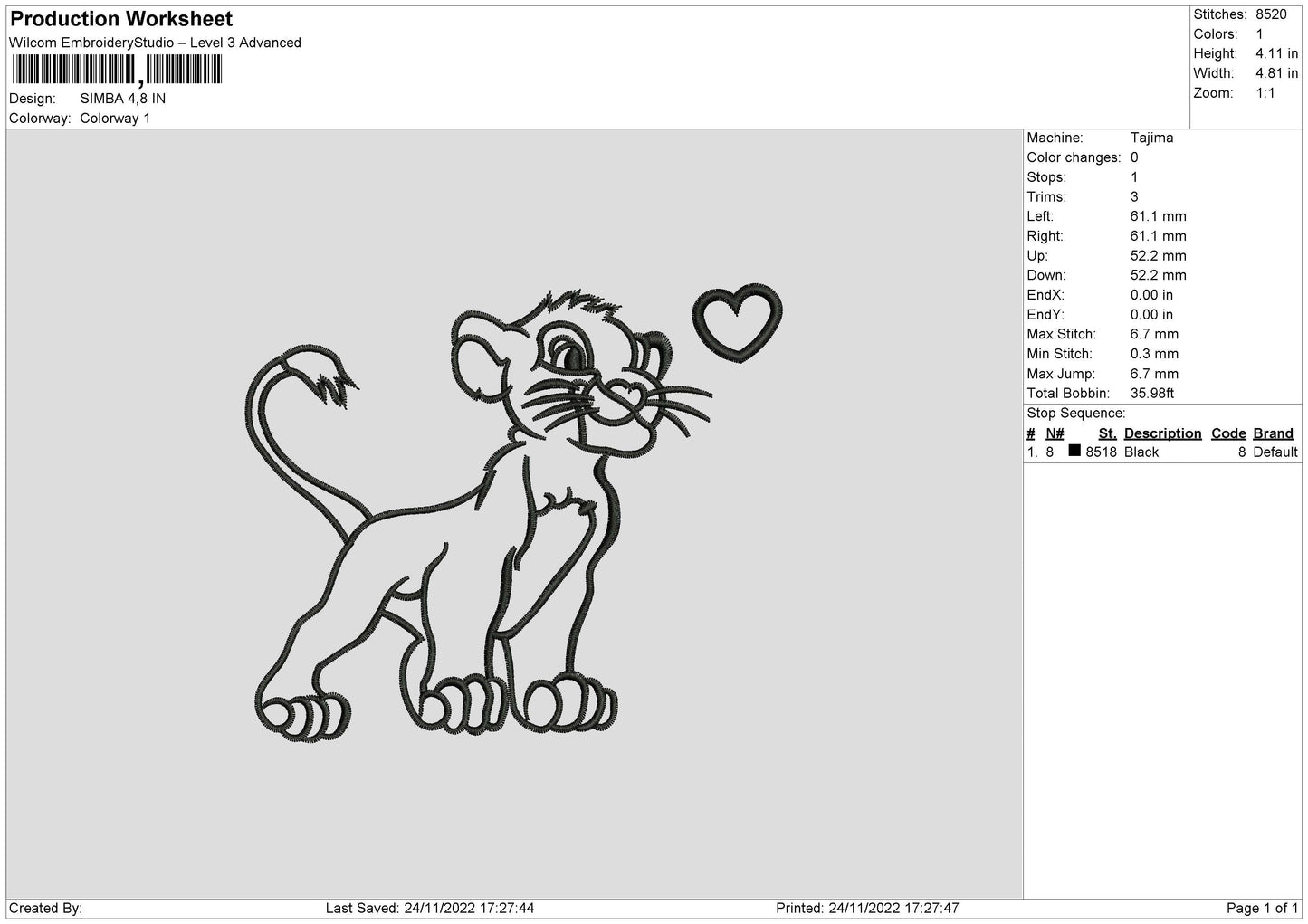 Simba Line Embroidery File 6 sizes
