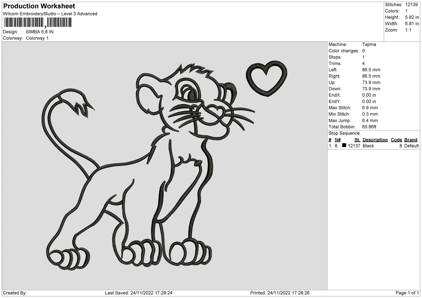 Simba Line Embroidery File 6 sizes