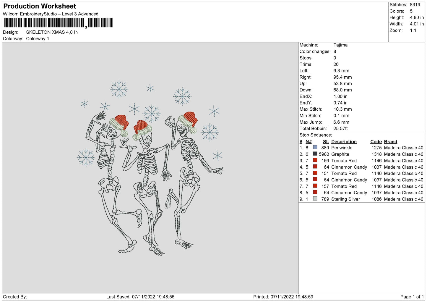 Skeleton Xmas Embroidery File 6 sizes