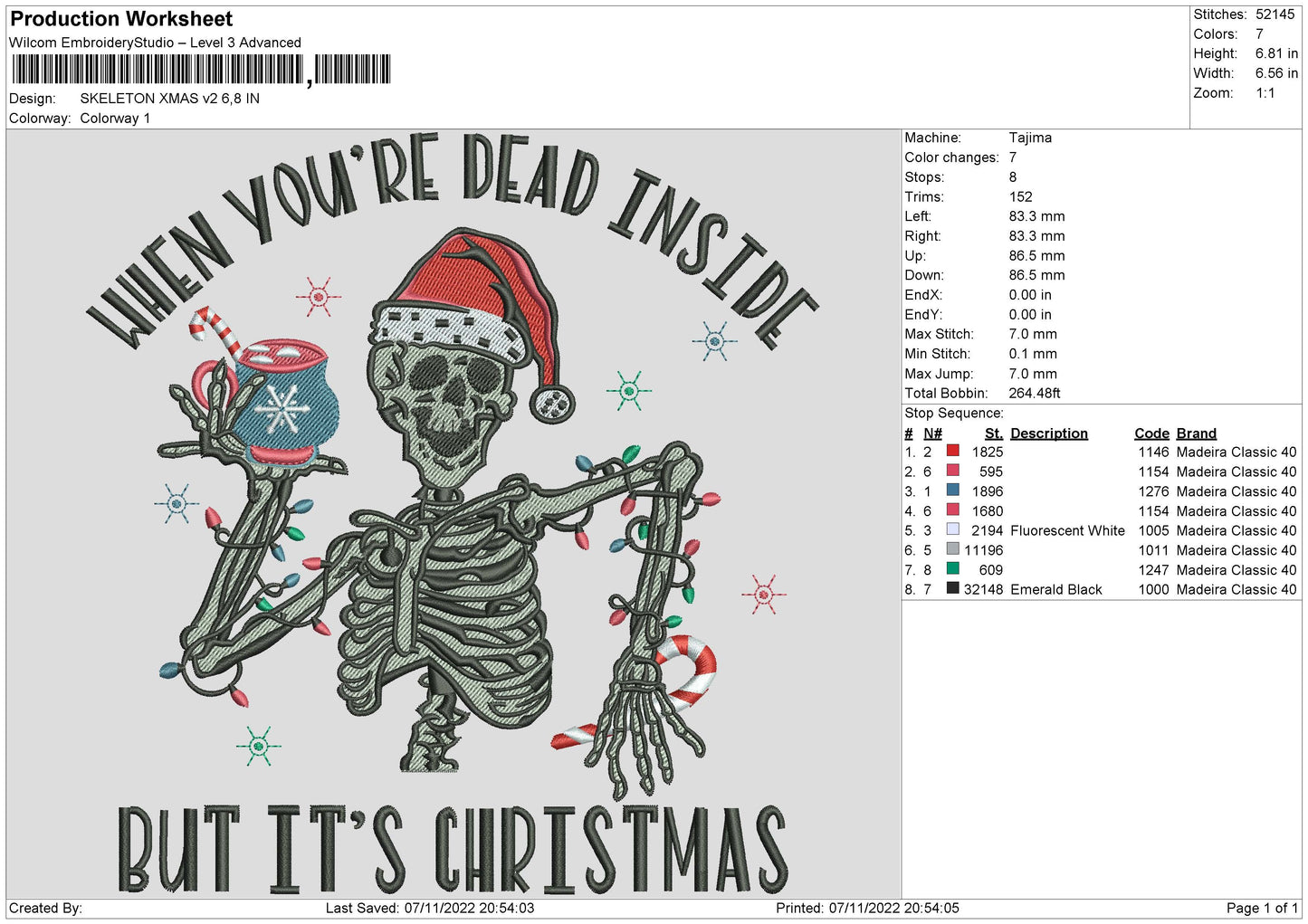 Skeleton Xmas V2 Embroidery File 6 sizes