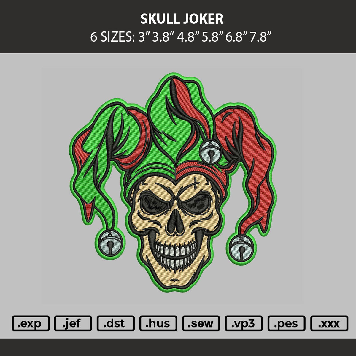 Skull Joker Embroidery Machine Design File 6 sizes