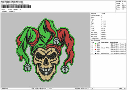 Skull Joker Embroidery Machine Design File 6 sizes