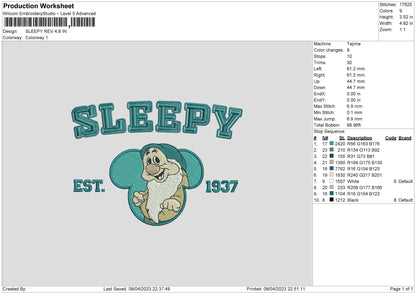 Sleepy Embroidery File 6 sizes