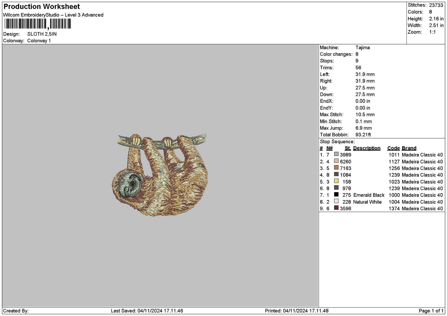 Sloth Embroidery File 6 sizes