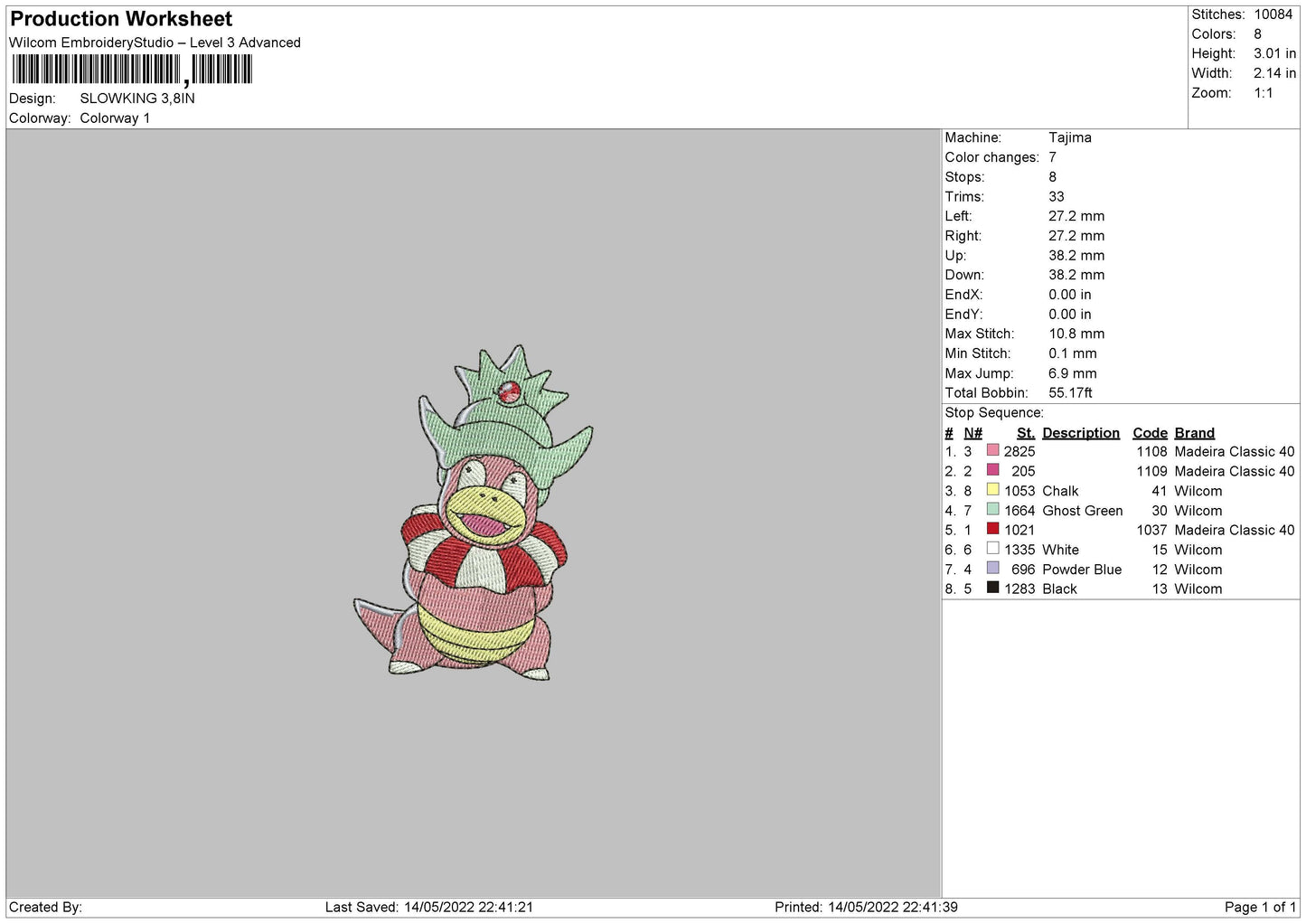 Slowking Embroidery File 4 size