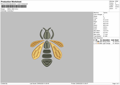 Small Bee Embroidery Machine Design File 6 sizes
