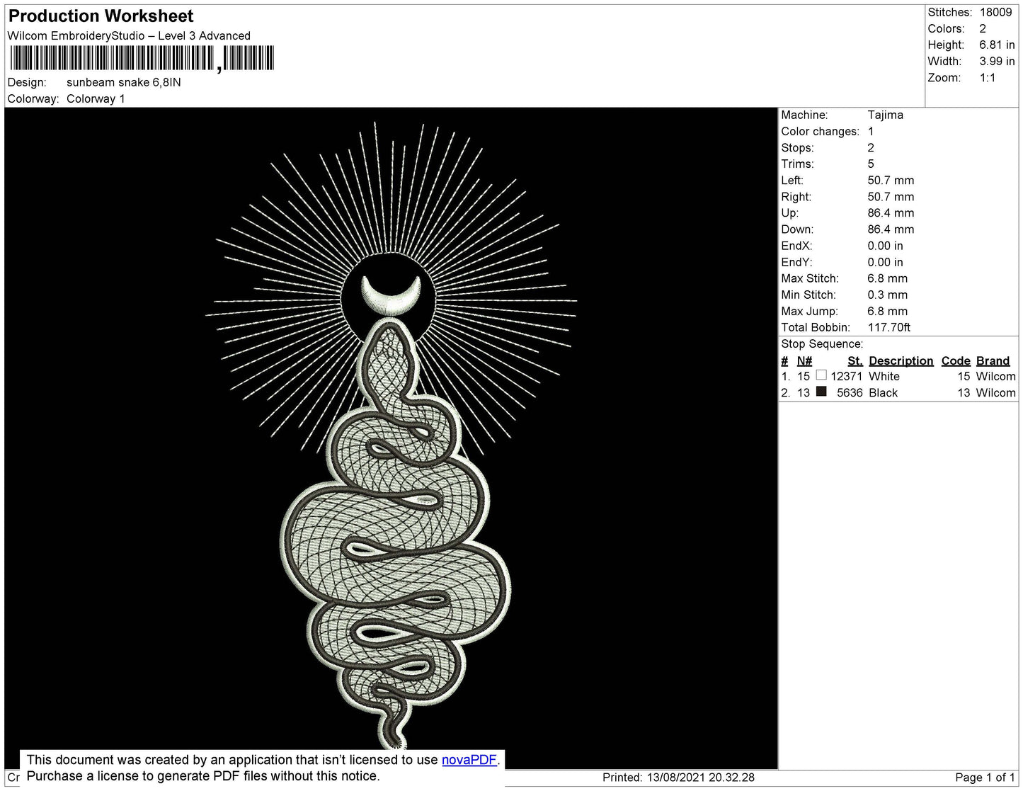 Sunbeam Snake Embroidery File 4 size
