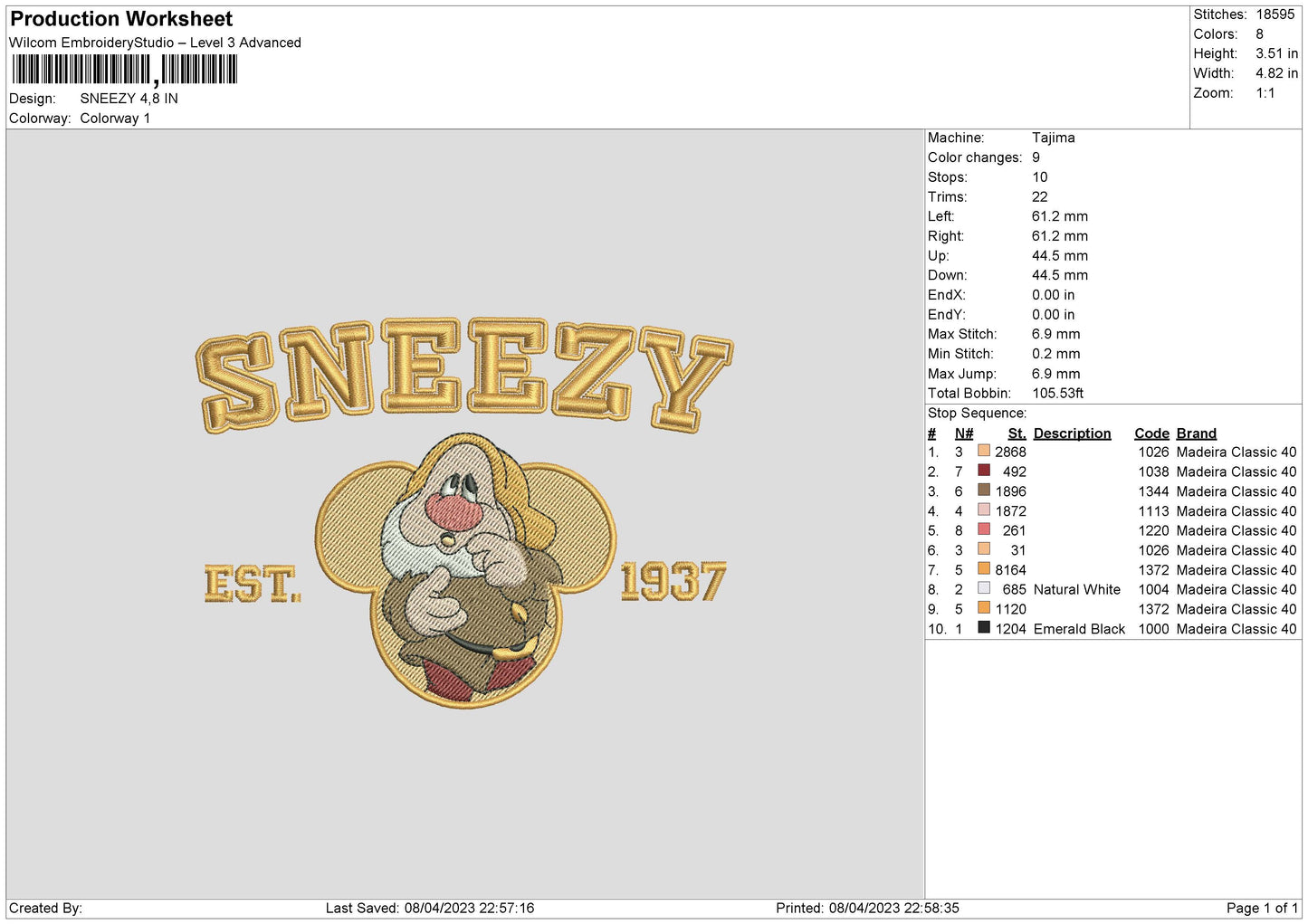 Sneezy Embroidery File 6 sizes