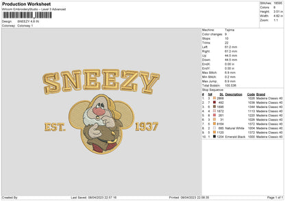 Sneezy Embroidery File 6 sizes