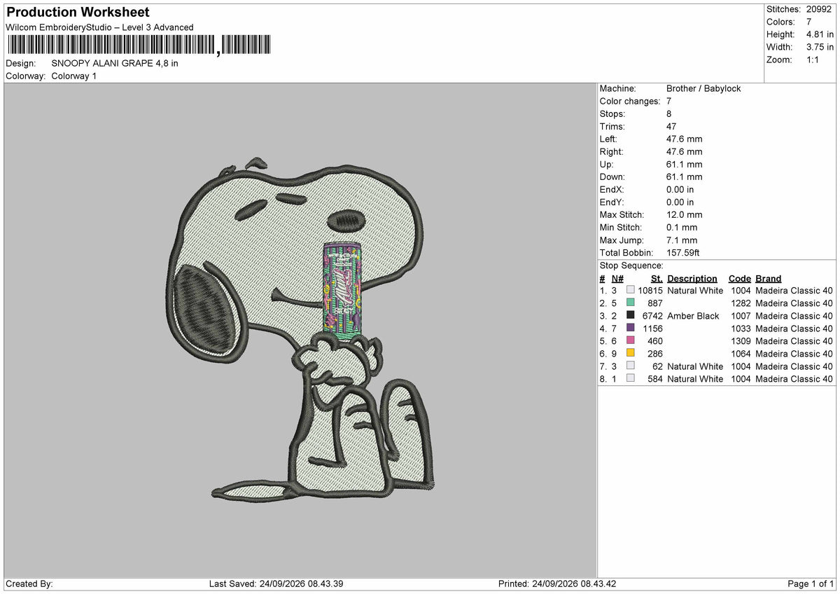Snoopy Grape Embroidery Machine Design File 6 sizes